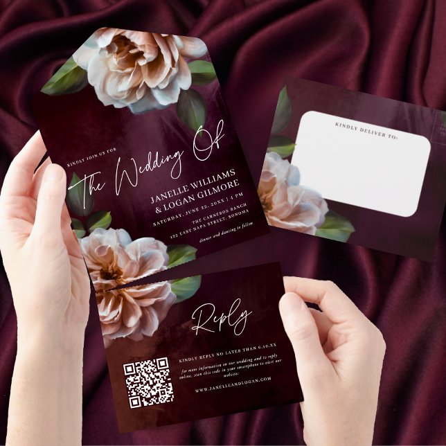 Dunkel + Moody Rustic Floral Wedding QR Code All In One Einladung (Von Creator hochgeladen)