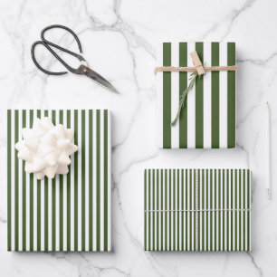 Dunkel moosgrün-weiße Streifen Geschenkpapier Set