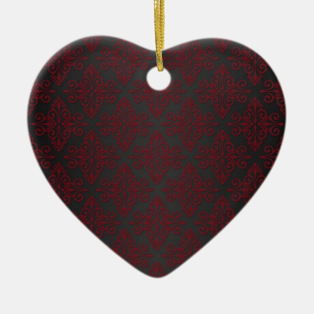 Dunkel Schwarz und Rot Damask Keramik Ornament (Vorne)
