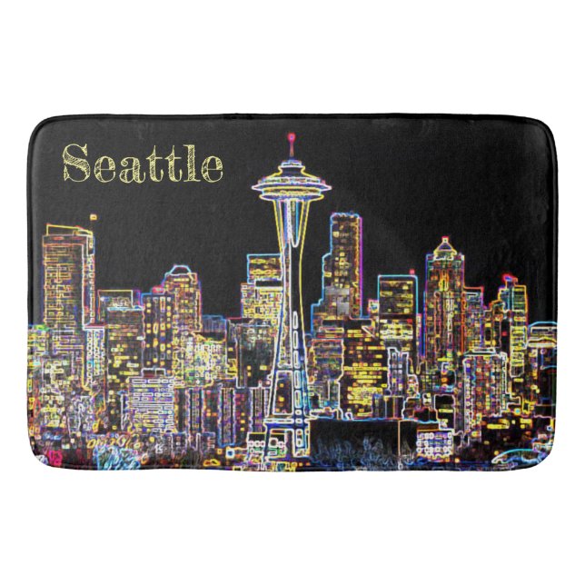 Dunkel sei die Nacht - Leuchtende Seattle Skyline Badematte (Vorderseite)