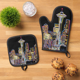 Dunkel sei die Nacht - Leuchtende Seattle Skyline Ofenhandschuh & Topflappen-Set
