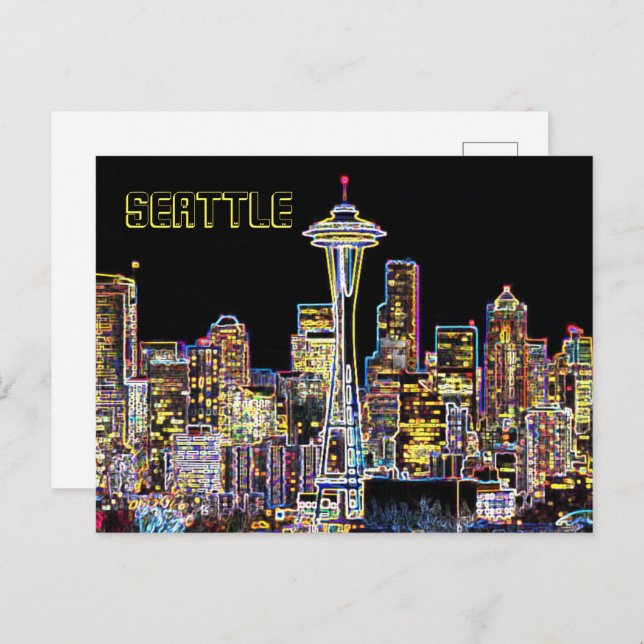 Dunkel sei die Nacht - Leuchtende Seattle Skyline Postkarte (Vorne/Hinten)