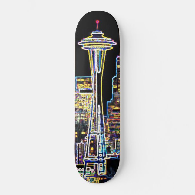 Dunkel sei die Nacht - Leuchtende Seattle Skyline Skateboard (Vorderseite)
