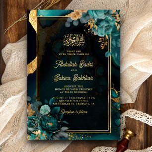Dunkel Türkis Gold Blumen QR Code Muslimische Hoch Einladung