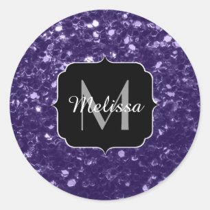 Dunkel ultra violett lila Glitter funkelt Monogram Runder Aufkleber