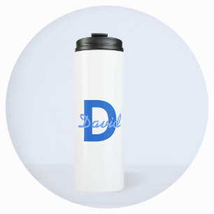 Dunkel- und Hellblau Weiße editierbare Namensmonog Thermosbecher