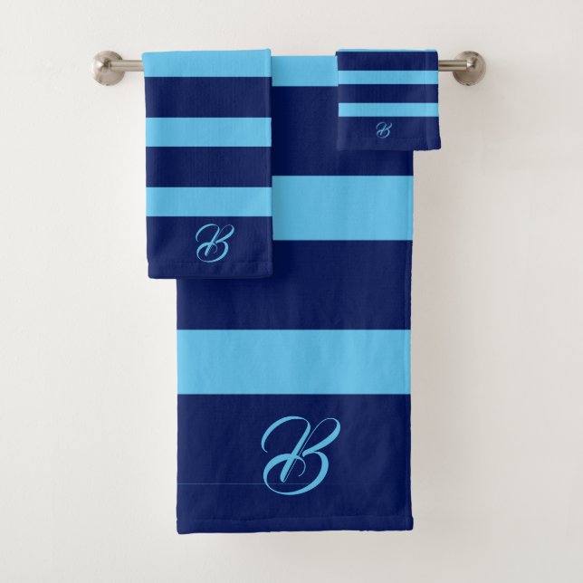 Dunkel und hellblauer Streifen Monogramm Badetuch Badhandtuch Set (Insitu)