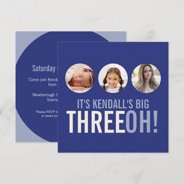 Dunkelblau 30. THREEOH! Foto Geburtstag Einladung (Vorne/Hinten)