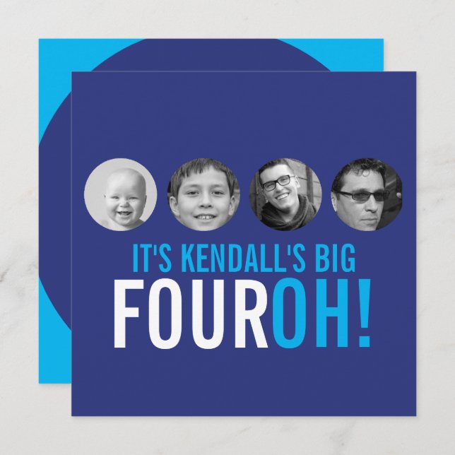 Dunkelblau 40. FOUROH! Foto Geburtstag Einladung (Vorne/Hinten)