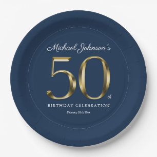 Dunkelblau 50. Geburtstag Solid Gold Typografie Pappteller