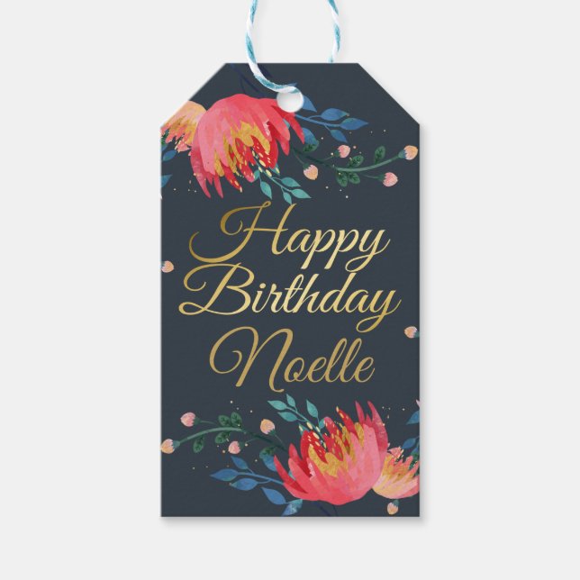 Dunkelblau, elegant, Whimsikale Blume, Goldakzent Geschenkanhänger (Vorderseite)