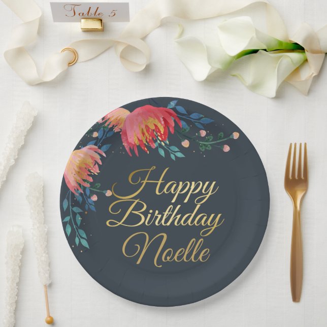 Dunkelblau, elegant, Whimsikale Blume, Goldakzent Pappteller (Hochzeit)