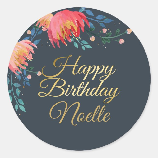 Dunkelblau, elegant, Whimsikale Blume, Goldakzent Runder Aufkleber (Vorderseite)