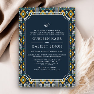 Dunkelblau Gelb Ikat Anand Karaj Sikh Hochzeit Einladung