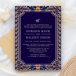 Dunkelblau Gelb Ikat Anand Karaj Sikh Hochzeit Einladung