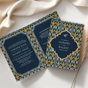 Dunkelblau Gelb Ikat Sikh Hochzeit Overall Einladung