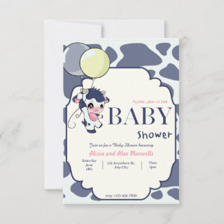 Dunkelblau Gelbe Kuh mit Balloon Baby Dusche Einladung