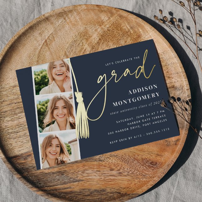 Dunkelblau | Gold Tassel Foto Strip Graduation Par Folieneinladung (Von Creator hochgeladen)