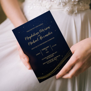 Dunkelblau Goldene Linien und Staub-Hochzeit Folieneinladung