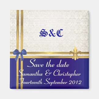 Dunkelblau & goldfarben auf Damast Save the Date Magnet