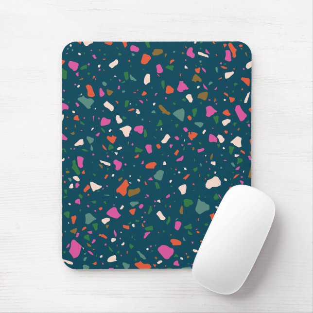 Dunkelblau grün mit rosa Orange Aquamarin Terrazzo Mousepad (Mit Mouse)