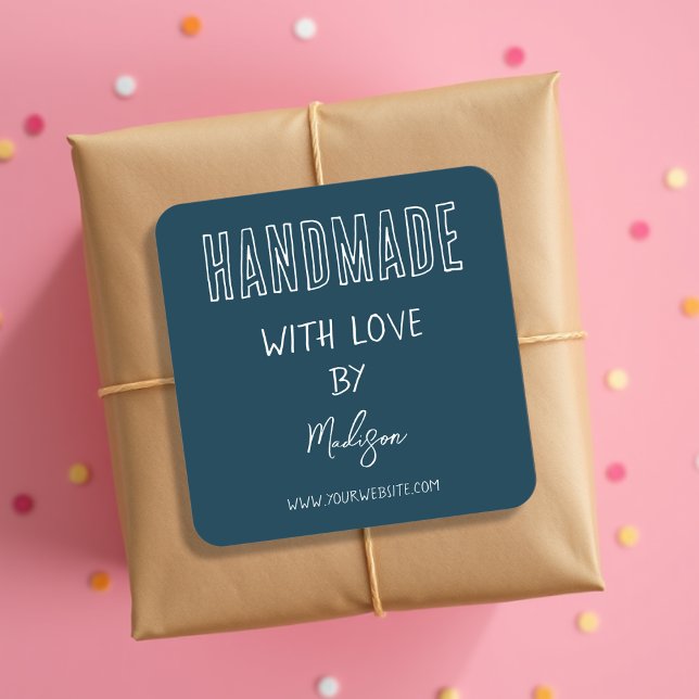 Dunkelblau, handgefertigt mit Liebe-Square-Aufkleb Quadratischer Aufkleber (Von Creator hochgeladen)