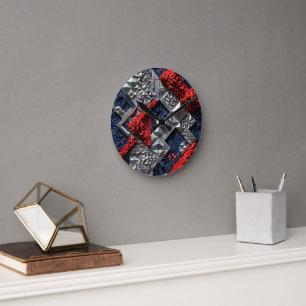 Dunkelblau Lebhaft Rot Silber Mikro-Mosaik 3D Runde Wanduhr