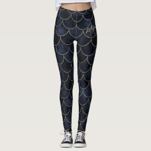 Dunkelblau mit Goldskala Monogram Mermaid Leggings