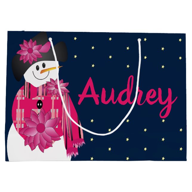 Dunkelblau mit rosa Schneemann Große Geschenktüte (Rückseite)
