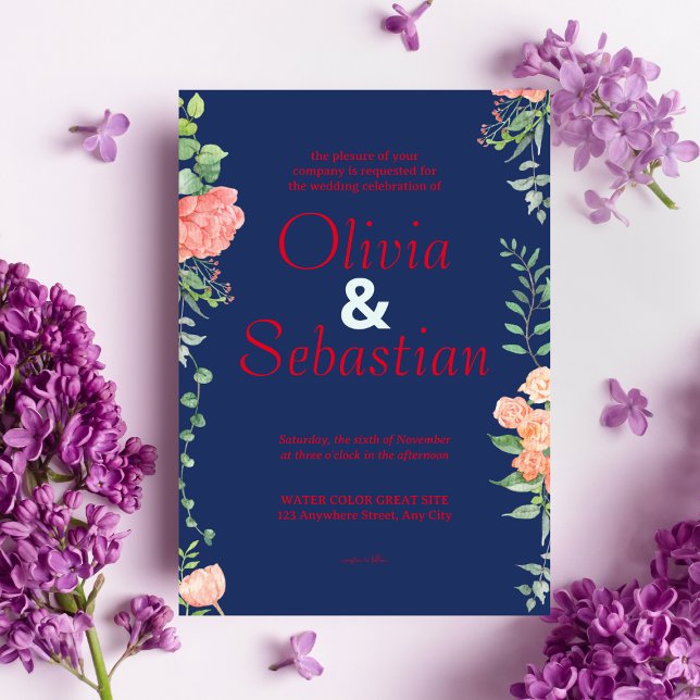 Dunkelblau mit roter Typografie, elegante Hochzeit Einladung (Von Creator hochgeladen)