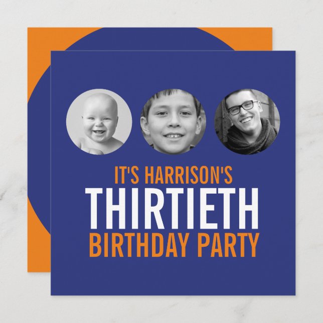 Dunkelblau orange 30. Foto Geburtstag Einladung (Vorne/Hinten)