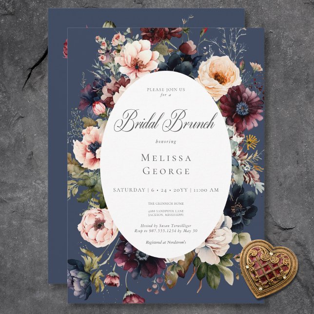Dunkelblau Oval Blumenrahmen Bridal Brunch Einladung (Dark Blue Oval Floral Frame Bridal Brunch Invitation)