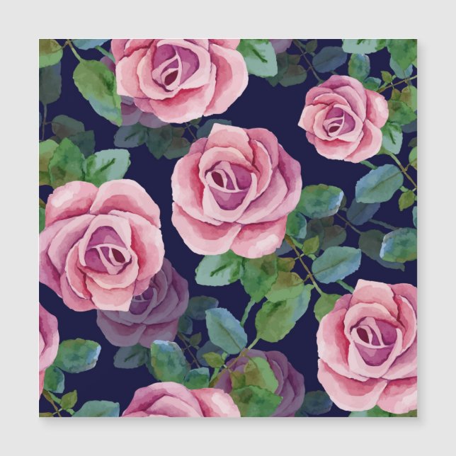 Dunkelblau, rosa Rosen Wasserfarbe. Magnetkarte (Vorderseite)
