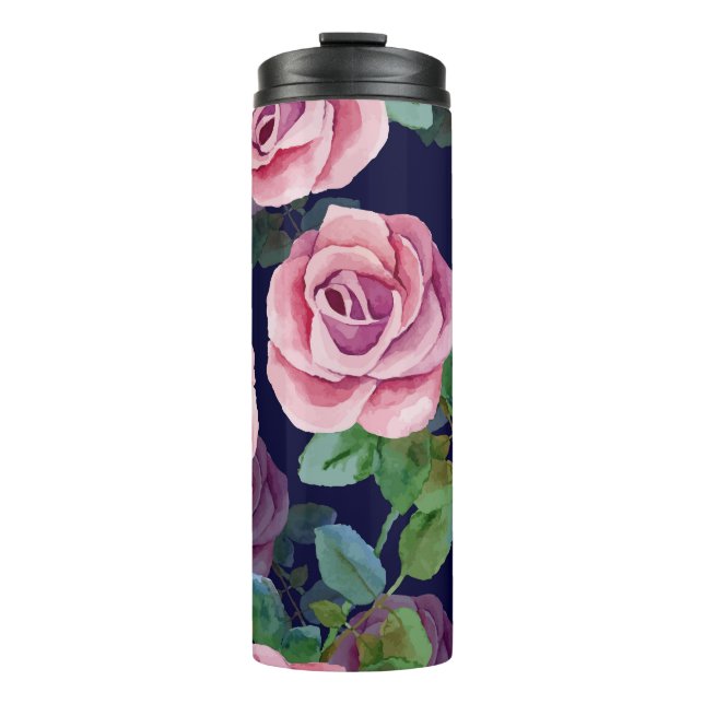 Dunkelblau, rosa Rosen Wasserfarbe. Thermosbecher (Vorderseite)