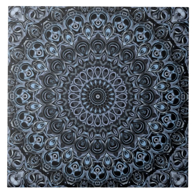 Dunkelblau-schwarzes Mandala-Musterdesign Fliese (Vorderseite)