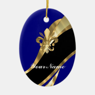 Dunkelblau u. gold Fleur de Lys Keramikornament