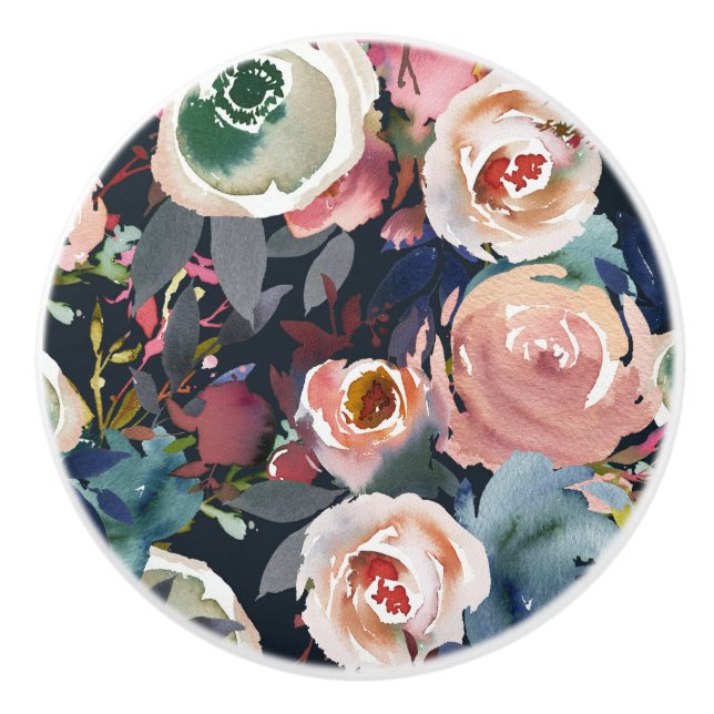 Dunkelblau und blau rosa Aquarellfarben Blumenchor Keramikknauf (Vorderseite)