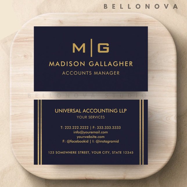 Dunkelblau und goldblau Beruflich Visitenkarte (Custom Dark Navy Blue Black And Gold Professional Business Card)