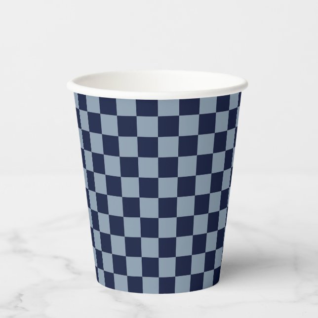 Dunkelblau und Hellblau Karo Pappbecher (Vorderseite)
