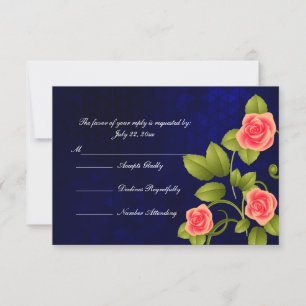 Dunkelblau und Korallen Rose Blume Hochzeit RSVP Karte