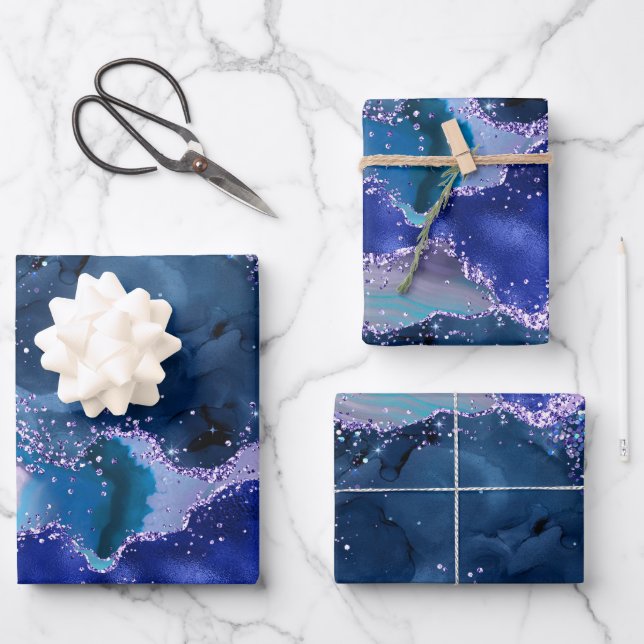 Dunkelblau und Lila Glitzer Geschenkpapier Set (Vorderseite)