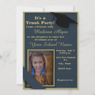 Dunkelblau und Moosgrün Koffer Hochschulparty-Foto Einladung
