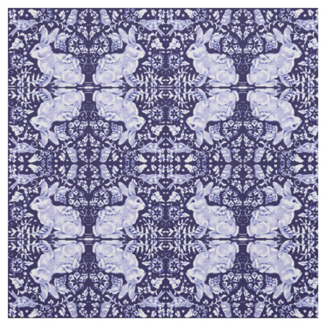 Dunkelblau und Weiß Bunny Rabbit Bird Small Print Stoff (Muster)