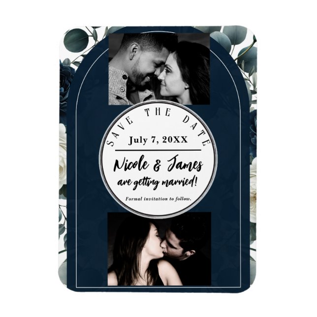 Dunkelblau und Weiß Moderne Blumengrün Rett Datum Magnet (Vertikal)