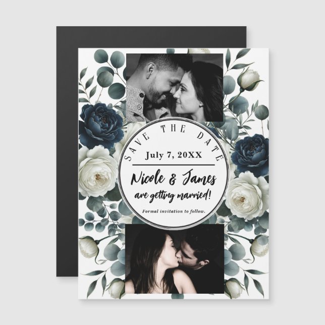 Dunkelblau und Weiß Moderne Blumengrün Rett Datum Magnetkarte (Vorne/Hinten)