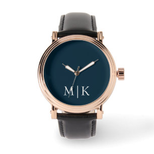 Dunkelblau und weiß   Modernes Monogramm Armbanduhr