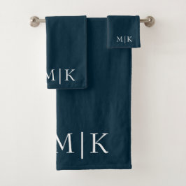 Dunkelblau und weiß | Modernes Monogramm Badhandtuch Set