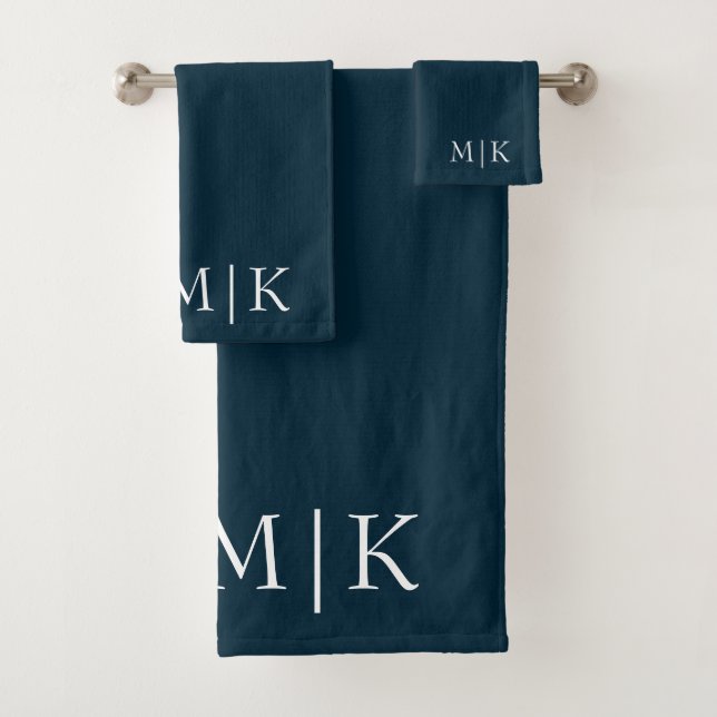 Dunkelblau und weiß | Modernes Monogramm Badhandtuch Set (Insitu)