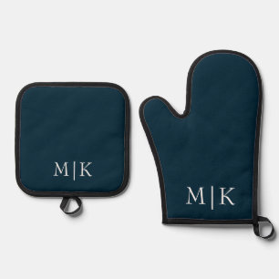 Dunkelblau und weiß   Modernes Monogramm Ofenhandschuh & Topflappen-Set