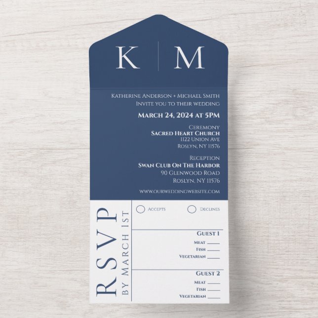 Dunkelblau und Weiß-Monogramm-Hochzeit- All In One Einladung (Innen Boden)